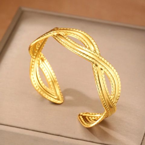 Geometrische Holle Infinity Bangle Roestvrij Staal Open Manchetarmband Met Getextureerde Kralenrand Mode Sieraden