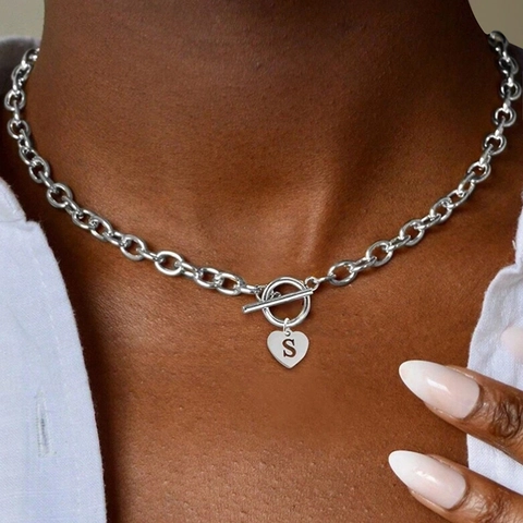 Collana Con Ciondolo A Cuore E Lettera Iniziale In Acciaio Inossidabile Chiusura A T Catena Grossa Gioielli