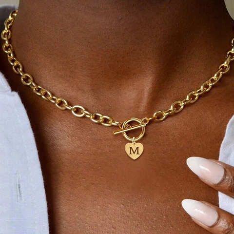 Collana Con Ciondolo A Cuore E Lettera Iniziale In Acciaio Inossidabile Chiusura A T Catena Grossa Gioielli