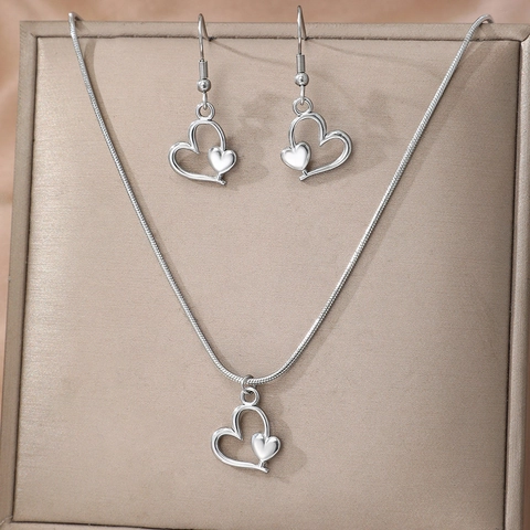 Collana A Catena Di Serpente Con Ciondolo A Doppio Cuore In Acciaio Inossidabile E Orecchini Per Donna Elegante Romantico