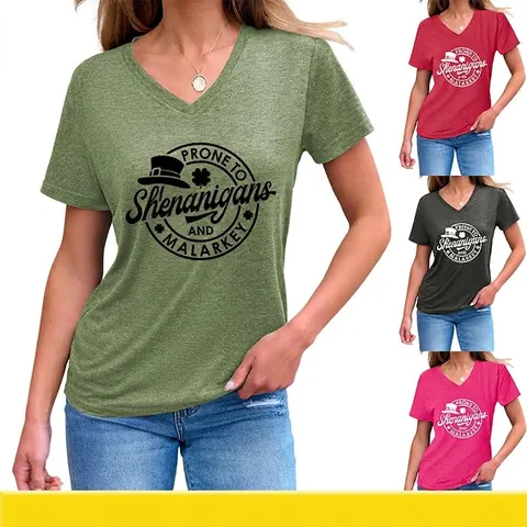 T-Shirt Con Scollo A V In Misto Cotone Melange Stampa Prone To Shenanigans And Malarkey Maniche Corte Top Casual Da Donna