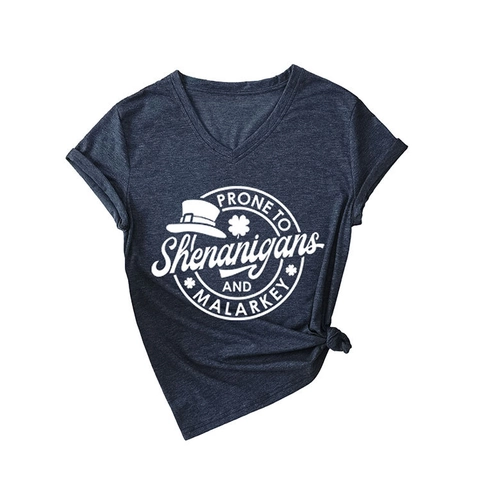 T-Shirt Con Scollo A V In Misto Cotone Melange Stampa Prone To Shenanigans And Malarkey Maniche Corte Top Casual Da Donna