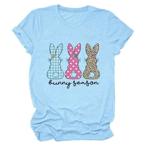 Damen T-Shirt Baumwollmischung Lockere Passform Rundhalsausschnitt Kurzarm Lässig Hasen-Print Osterferien Oberteil