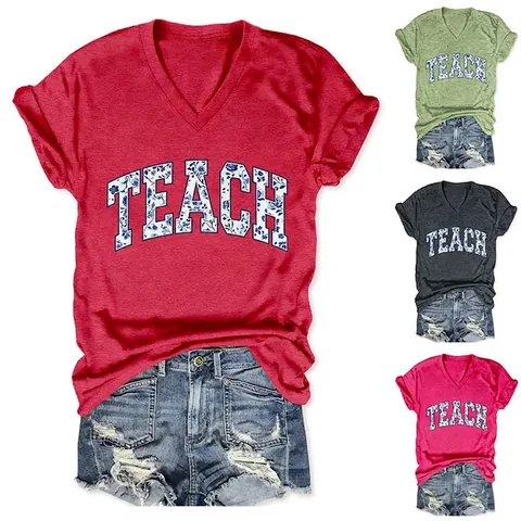 Damen V-Ausschnitt Kurzarm T-Shirt Teach Buchstabe Blumenmuster Baumwollmischung Lässiges Oberteil Seitenknoten