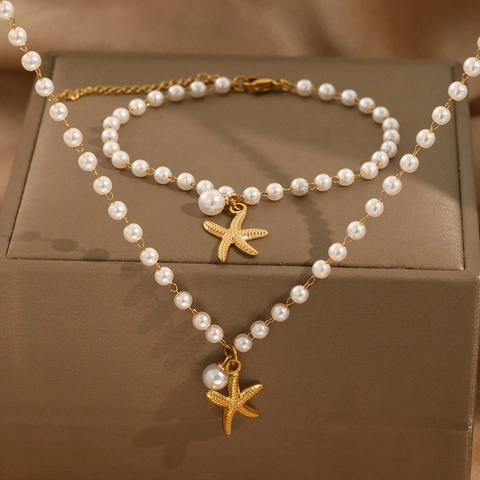 Collana E Bracciale Di Künstliche Perle In Acciaio Inossidabile Placcato Oro 18K Elegante Ciondolo Stella Marina Gioielli Spiaggia