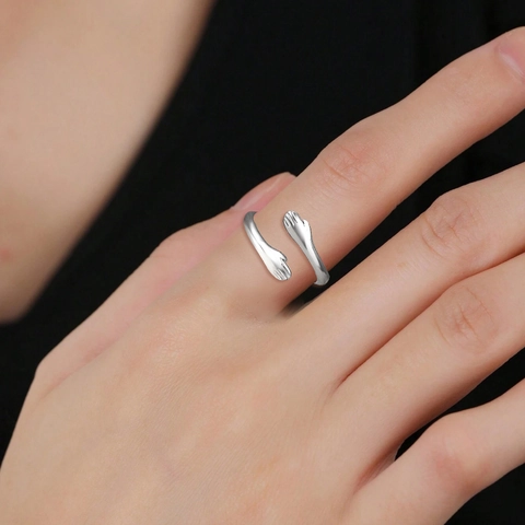 Stainless Steel Hug Ring For Women Men Open Hands Embracing Minimalist Adjustable Finger Jewelry Creative Romantic Gift