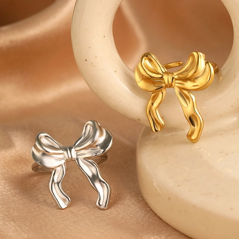 Bow Knot Ring 18K Gold Plated Stainless Steel Open Adjustable Delicate Fashion Jewelry For Women Elegant Trendy