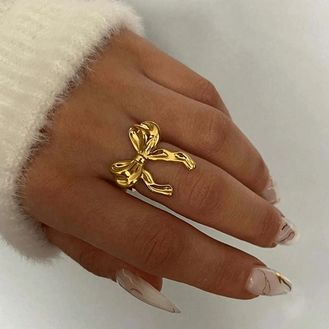 Ring Met Strik 18K Verguld Roestvrij Staal Verstelbare Open Band Minimalistische Gepolijste Sieraden Voor Dames