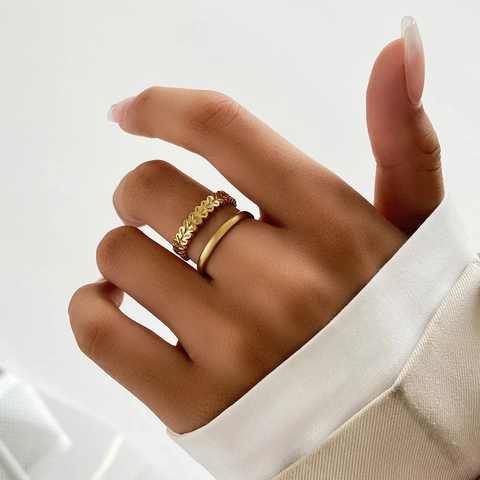 Leaf Wheat Ear Double Layer Ring 18K Gold Plated Stainless Steel Adjustable Minimalist Ins Style Jewelry For Women