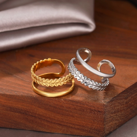 Leaf Wheat Ear Double Layer Ring 18K Gold Plated Stainless Steel Adjustable Minimalist Ins Style Jewelry For Women