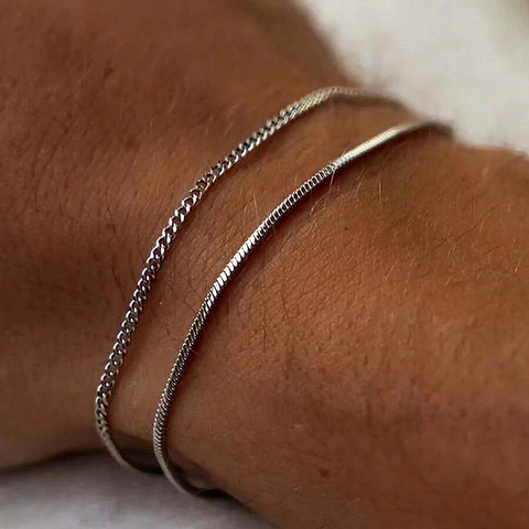 Layered Cuban Chain And Snake Chain Bracelet Stainless Steel Minimalist Punk Style For Men Women Fashionable Accessory