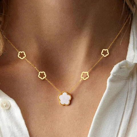Collier Fleur En Acier Inoxydable Nacre Blanche Pour Femmes Chaîne Clavicule Florale Creuse Élégante Bijoux