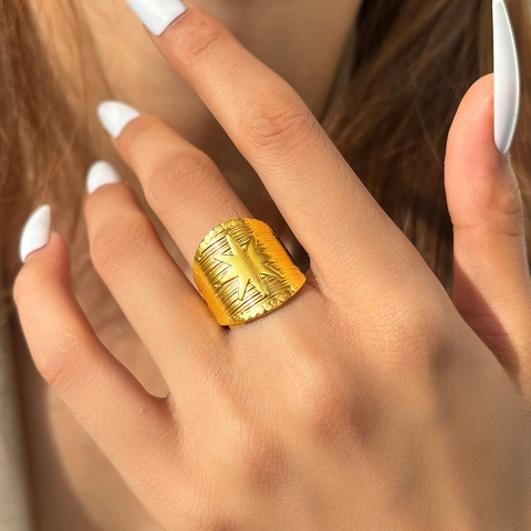 Retro Stainless Steel Wide Band Ring 18K Gold Plated Eight Point North Star Vertical Texture Adjustable Opening For Men Women