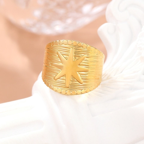 Retro Stainless Steel Wide Band Ring 18K Gold Plated Eight Point North Star Vertical Texture Adjustable Opening For Men Women