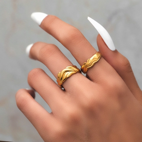 Stainless Steel Open Rings Irregular Wave Texture Adjustable Minimalist Geometric Fashion Jewelry For Women