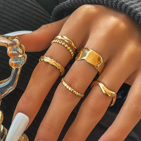 Wave Twisted Beaded Adjustable Rings Stainless Steel Minimalist Stacking Jewelry For Women