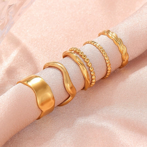 Wave Twisted Beaded Adjustable Rings Stainless Steel Minimalist Stacking Jewelry For Women
