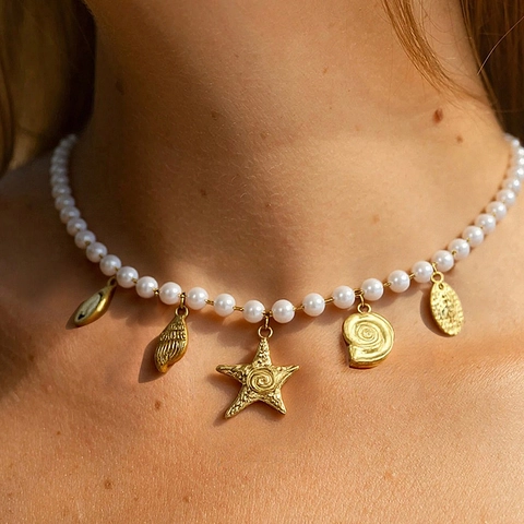Elegante Halskette Im Meeresstil Mit Kunstperlen Und Anhängern Aus Edelstahl In Seestern Und Muschelform Damen Strandschmuck