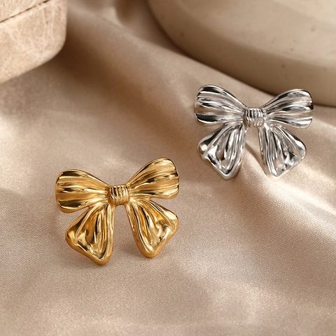 Bow Knot Ring Stainless Steel Adjustable Open Band Textured Elegant Fashion Jewelry For Women