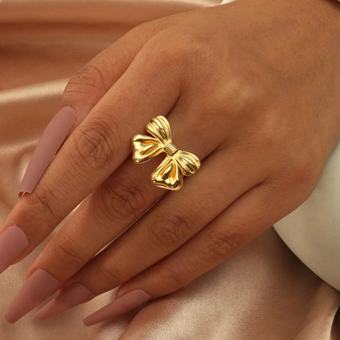 Bow Knot Ring Stainless Steel Adjustable Open Band Textured Elegant Fashion Jewelry For Women