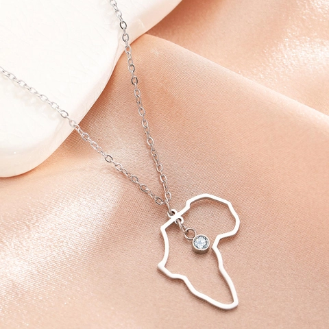 Collar Con Colgante De Mapa De África De Acero Inoxidable Silueta Geográfica Hueca Circón Joyería Para Mujer