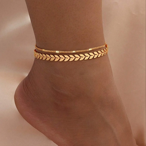 Double Layer Anklet Stainless Steel Leaf Wheat Pattern Adjustable Extension Chain Bohemian Style Jewelry For Women
