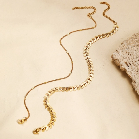 Double Layer Anklet Stainless Steel Leaf Wheat Pattern Adjustable Extension Chain Bohemian Style Jewelry For Women