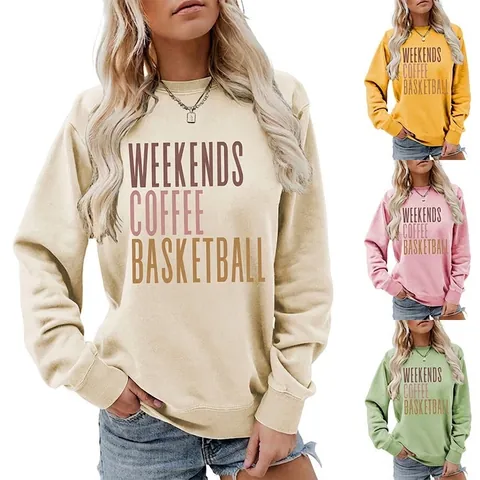 Women Sweatshirt Langarm Rundhalsausschnitt Baumwollmischung Locker Lässig Weekends Coffee Basketball Grafik Print Top