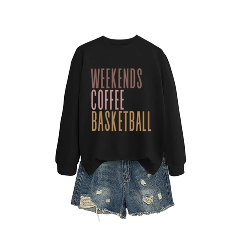 Women Sweatshirt Langarm Rundhalsausschnitt Baumwollmischung Locker Lässig Weekends Coffee Basketball Grafik Print Top