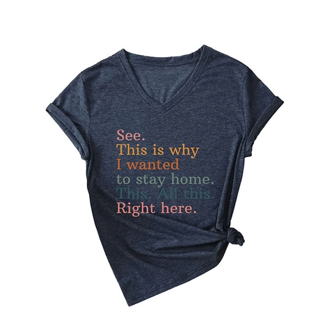 T-Shirt Da Donna Con Scollo A V E Maniche Corte In Misto Cotone Stampa Slogan Colorata Casual Nodo Laterale Top