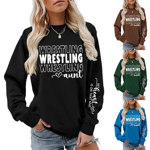 Damen Wrestling Tante Sweatshirt Rundhalsausschnitt Langarm Baumwollmischung Locker Casual Pullover Sportliches Oberteil