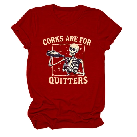 T-Shirt Da Donna Umoristica Teschio Che Versa Vino Stampa Grafica Girocollo Manica Corta Misto Cotone Casual