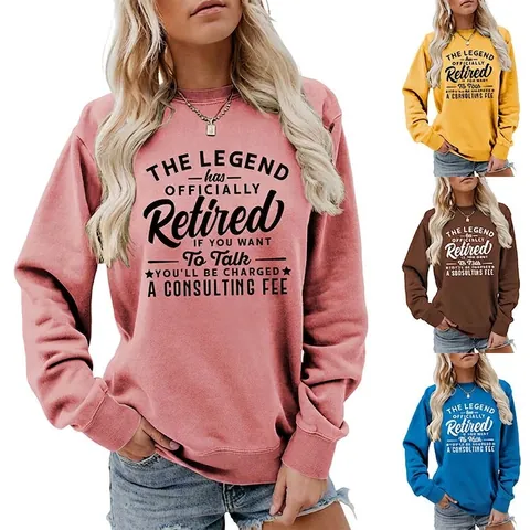 Sweatshirt Femme Coton Col Rond Manches Longues Imprimé Lettres Pull Ample Décontracté Cadeau Retraite