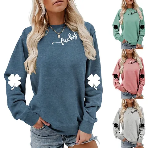 Damen Baumwoll Sweatshirt Rundhals Langarm Lucky Buchstaben Kleeblatt Druck Lässig Mode Pullover