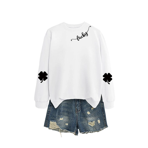Damen Baumwoll Sweatshirt Rundhals Langarm Lucky Buchstaben Kleeblatt Druck Lässig Mode Pullover