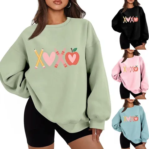 Women's Casual Cotton Blend Crewneck Sweatshirt Teacher XOXO Pencil Heart Apple Print Long Sleeve Oversized Pullover Top
