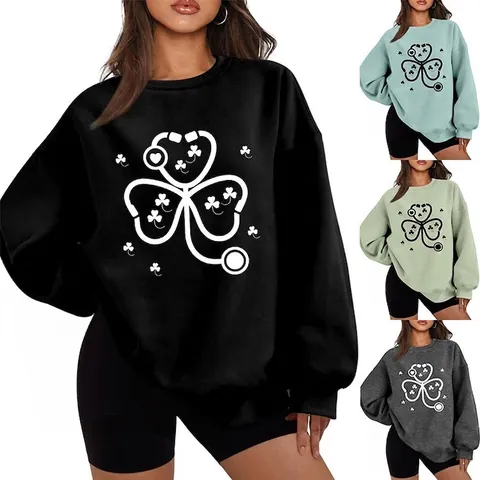 Dames Casual Oversized Fleece Gevoerd Sweatshirt Stethoscoop Shamrock Grafische Print Ronde Hals Lange Mouw Pullover Tops