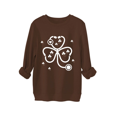 Dames Casual Oversized Fleece Gevoerd Sweatshirt Stethoscoop Shamrock Grafische Print Ronde Hals Lange Mouw Pullover Tops