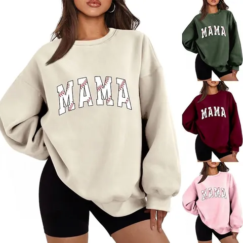 Sweatshirt Oversize Femme Imprimé Lettre MAMA Couture Baseball Col Rond Coton Polyester Doublé Polaire Décontracté Streetwear