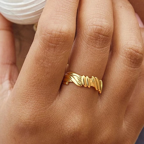 Adjustable Stainless Steel Ring Geometric Ripple Wave Texture Vintage Minimalist Band Jewelry For Men And Women