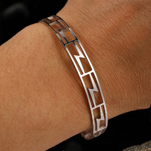 Edelstahl Hohl Armspange Geometrisches Große Mauer Muster Offener Armreif Minimalistischer Industrieller Stil Für Frauen