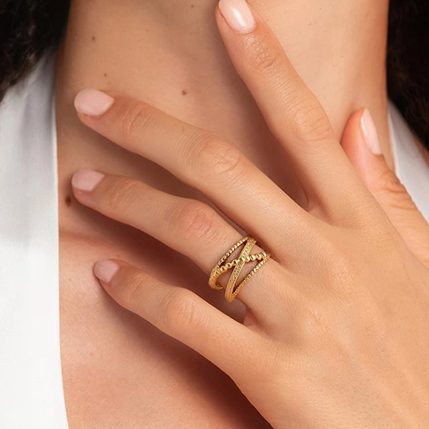 Stainless Steel Ring Multilayer Cross Beaded Adjustable Open Band Fashion Jewelry For Women
