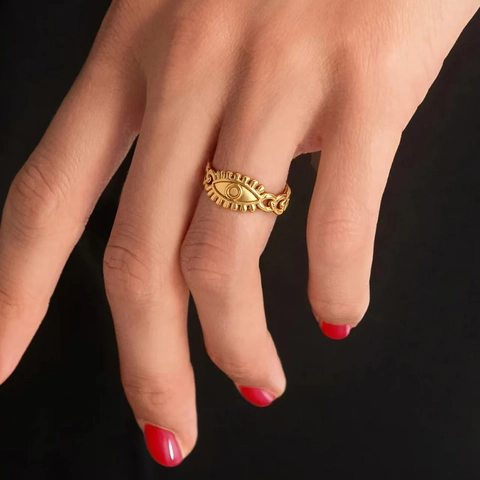 Evil Eye Ring Stainless Steel Adjustable Open Band Cuban Link Chain Bohemian Punk Jewelry For Women