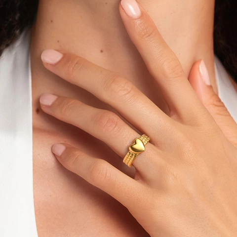 Heart Open Ring Stainless Steel Adjustable Triple Row Textured Band Minimalist Elegant Jewelry Gift For Women