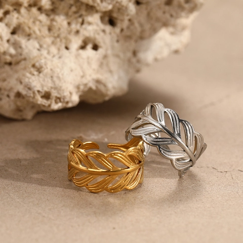 Hollow Leaf Open Adjustable Ring Stainless Steel Elegant Nature Inspired Jewelry For Women