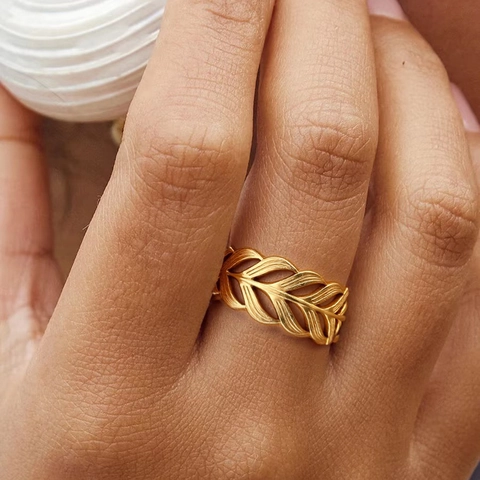 Hollow Leaf Open Adjustable Ring Stainless Steel Elegant Nature Inspired Jewelry For Women