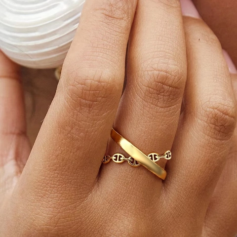 Stainless Steel Open Adjustable Ring Hollow Link Geometric Double Layer Minimalist High Quality Jewelry For Women