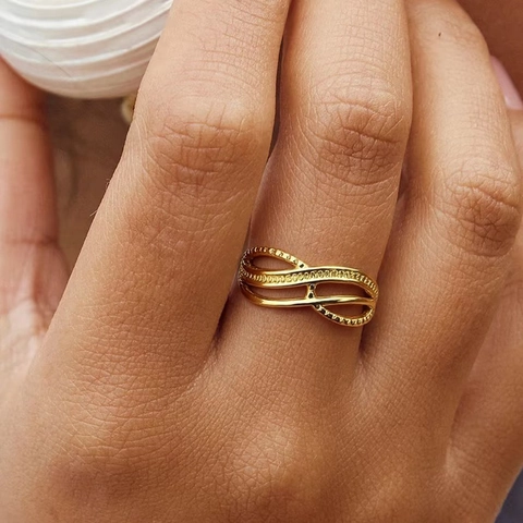 Stainless Steel Adjustable Open Ring Multi-Layer Wavy Beaded Texture Minimalist Elegant Jewelry For Women