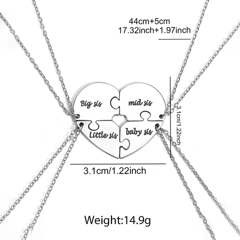 Sisters Heart Puzzle Necklaces Stainless Steel Engraved Big Mid Little Baby Sis Best Friends Jewelry Gift Trendy Style