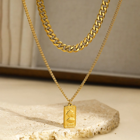 Doppellagige Halskette Edelstahl Rechteckiger Münzanhänger Venus Porträt Panzerkette Retro Hip Hop Stil Schmuck